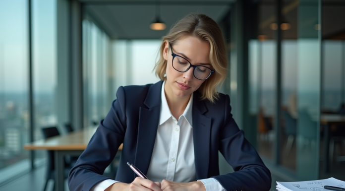 Femme d'affaires analysant un SWOT dans un bureau moderne