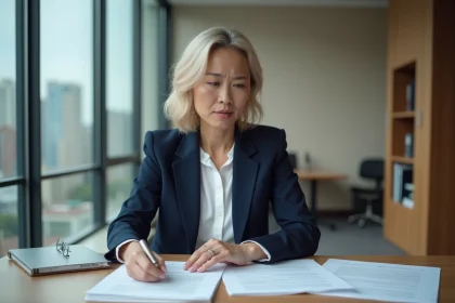 Cadre supérieure analysant des documents liés au Contrat de Sécurisation Professionnelle dans un bureau moderne