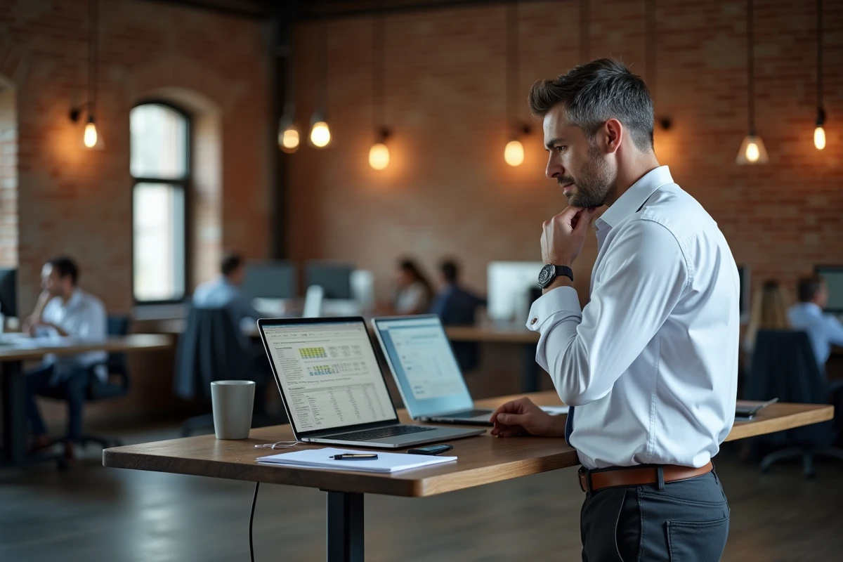 Cadre masculin consultant des informations sur son indemnisation CSP dans un espace de coworking