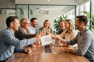 Collègues réunis autour d'une table de bureau pour célébrer le départ d'un employé avec une carte d'adieu et des coupes de champagne