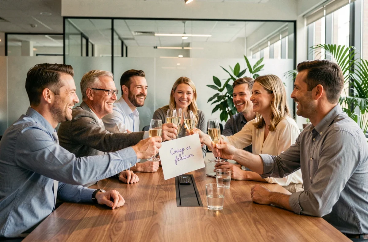 Collègues réunis autour d'une table de bureau pour célébrer le départ d'un employé avec une carte d'adieu et des coupes de champagne