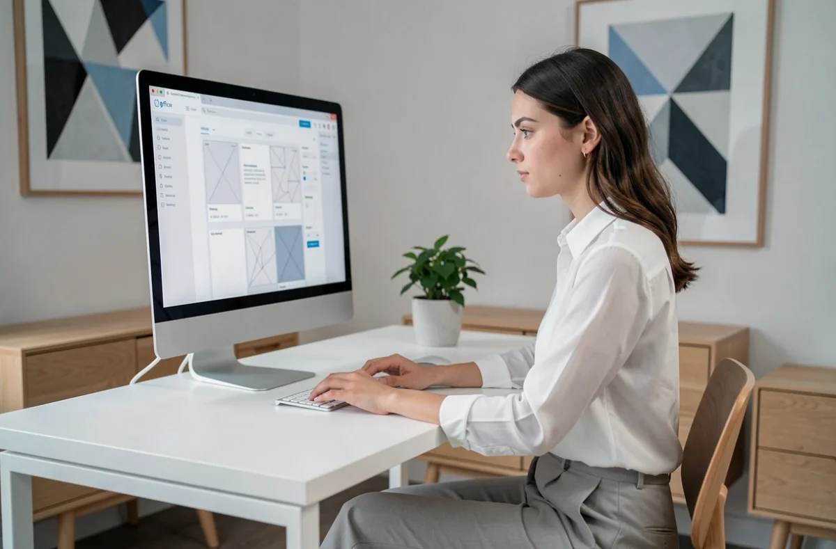 Designer de l'agence Celestia Studio à Montpellier travaillant sur une interface Webflow sur un écran épuré