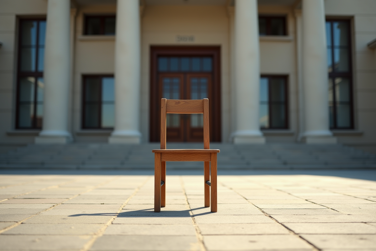 Chaise vide devant un bâtiment officiel symbolisant le courage