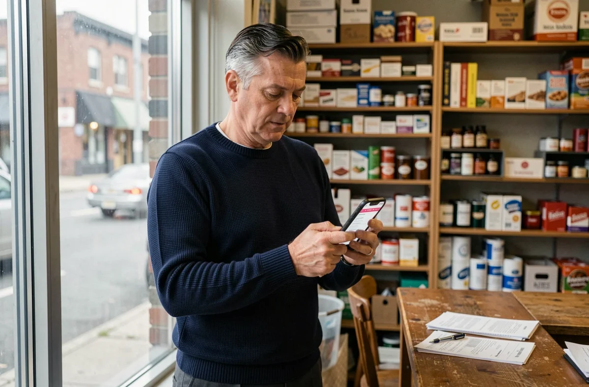 Chef d'entreprise consultant des aides financières en ligne sur son smartphone dans sa boutique