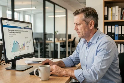 Chef de PME consultant le site PME Actu FR sur son ordinateur de bureau dans un open space professionnel