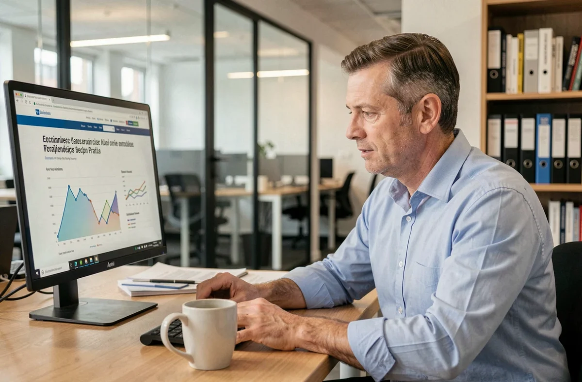 Chef de PME consultant le site PME Actu FR sur son ordinateur de bureau dans un open space professionnel
