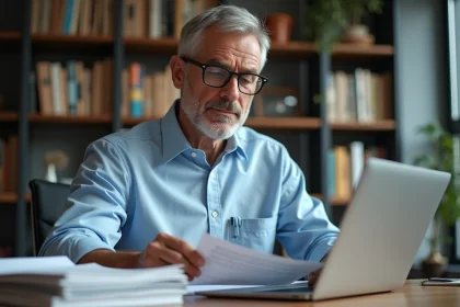 Chercheur homme en bureau moderne avec documents et livres