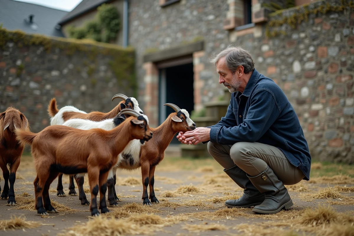 Homme interagissant avec des chèvres curieuses dans la cour intérieure de la Ferme du Fays, murs en pierre et foin au sol
