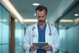 Chirurgien en blouse blanche consultant une tablette dans un hôpital privé français, métier le mieux rémunéré en France en 2026