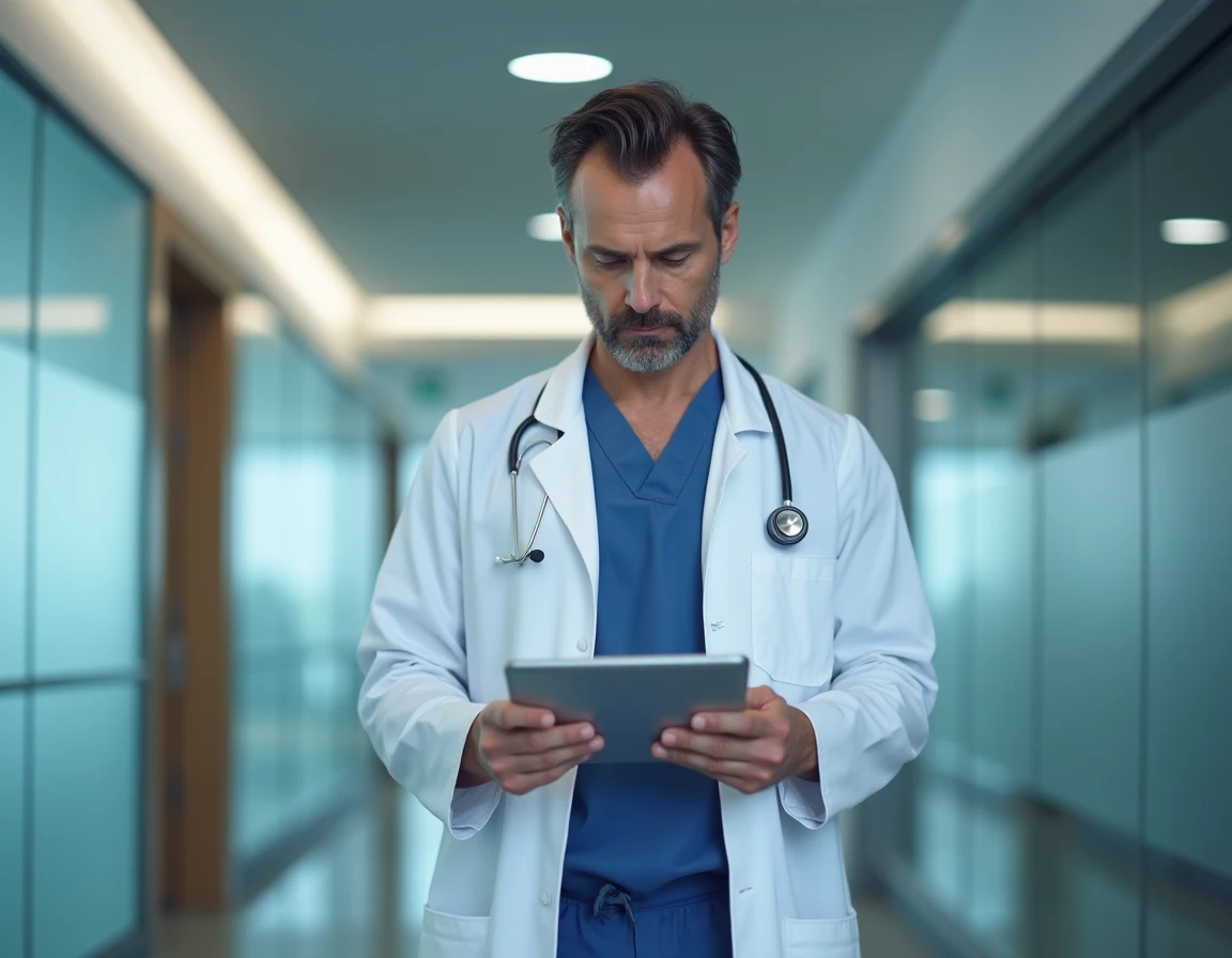 Chirurgien en blouse blanche consultant une tablette dans un hôpital privé français, métier le mieux rémunéré en France en 2026