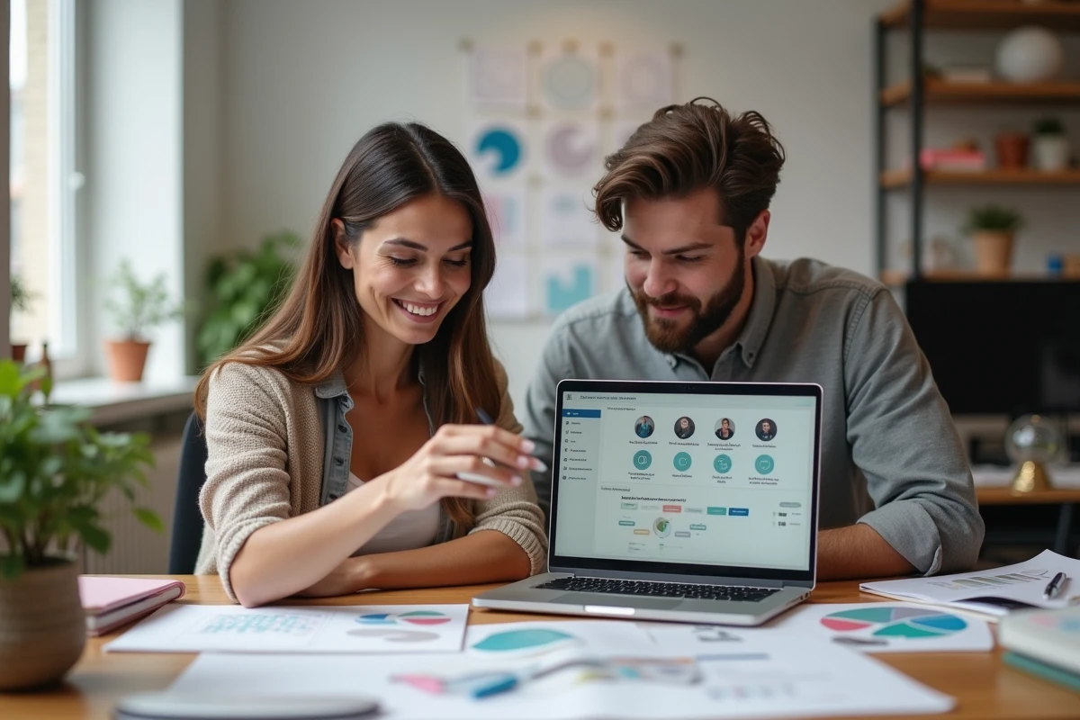 Deux professionnels d'une agence cr&eacute;ative collaborant sur un projet de branding &agrave; l'aide d'un outil de gestion de t&acirc;ches