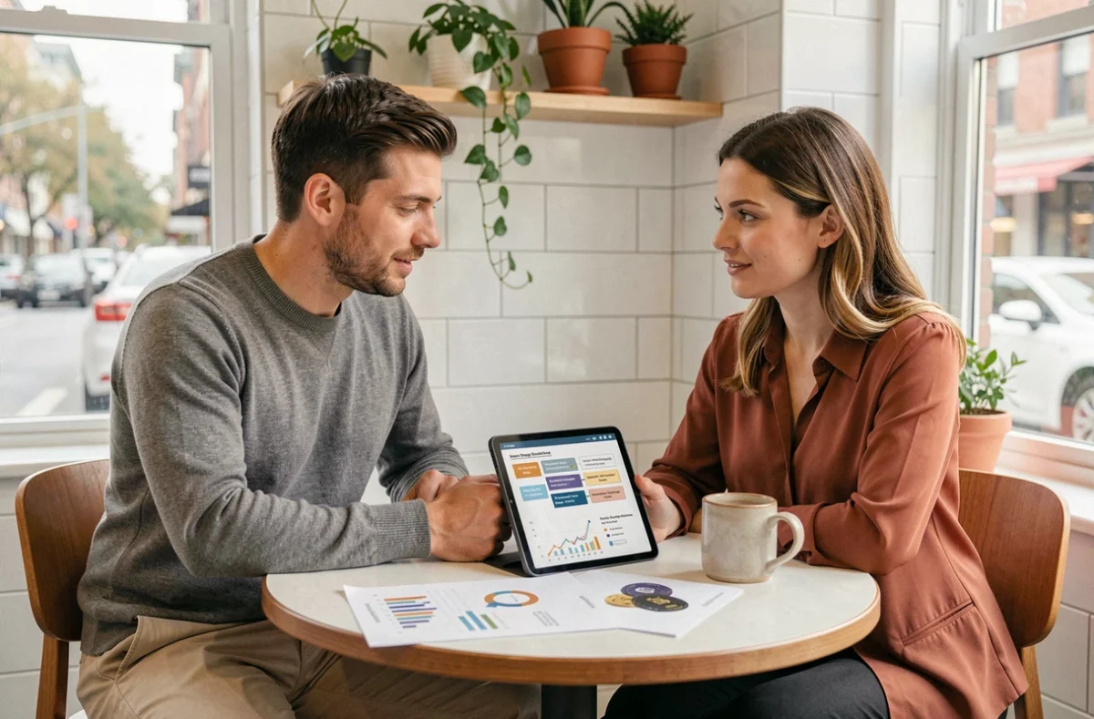 Deux professionnels collaborant sur une stratégie de marketing de contenu et de business tips autour d'une tablette dans un espace de réunion moderne