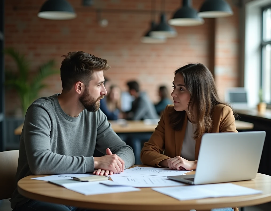 Deux collègues discutant de garanties et engagements contractuels autour d'une table en espace de coworking