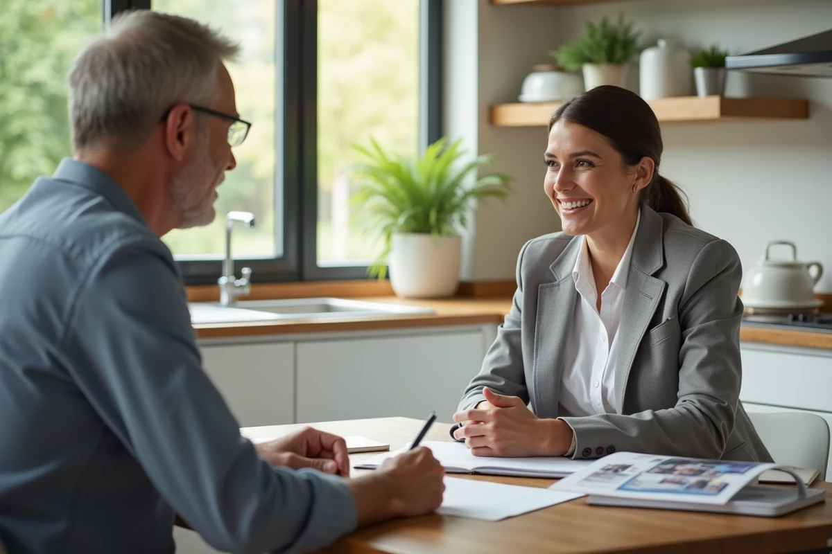 Commerciale en vente directe présentant ses services à un client potentiel dans un cadre détendu à domicile
