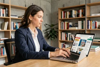 Femme comparant des blogs marketing français sur son ordinateur portable dans un bureau moderne parisien
