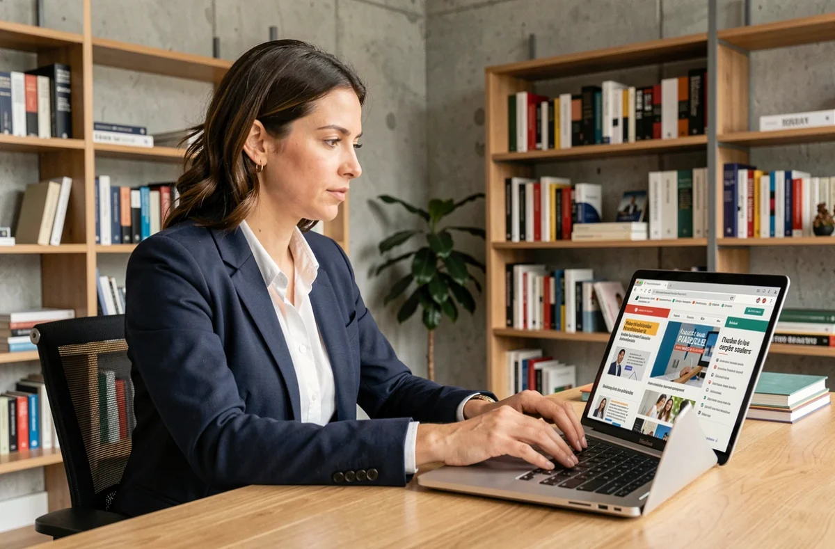 Femme comparant des blogs marketing français sur son ordinateur portable dans un bureau moderne parisien