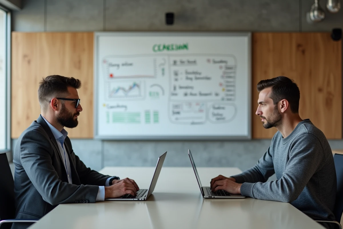 Deux professionnels comparant des solutions logicielles de comptabilité IA en réunion d'entreprise