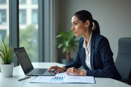 Comptable femme analysant un logiciel de comptabilité IA sur ordinateur portable dans un bureau moderne