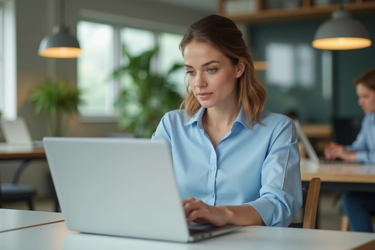 Femme professionnelle connectée à son espace Mon ADP en ligne sur un ordinateur portable dans un bureau moderne