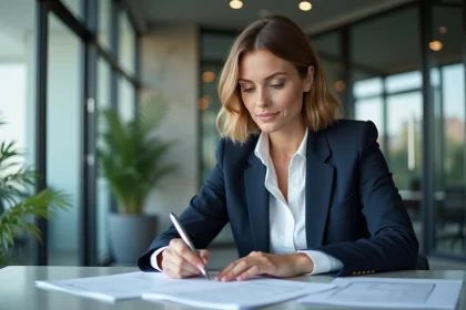 Consultante en recrutement du cabinet Rhapsody analysant un dossier candidat dans un bureau moderne