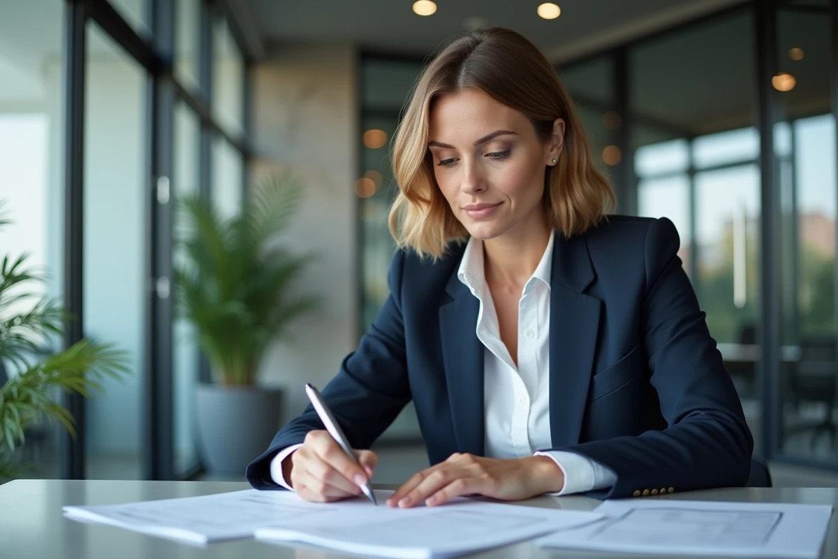 Consultante en recrutement du cabinet Rhapsody analysant un dossier candidat dans un bureau moderne