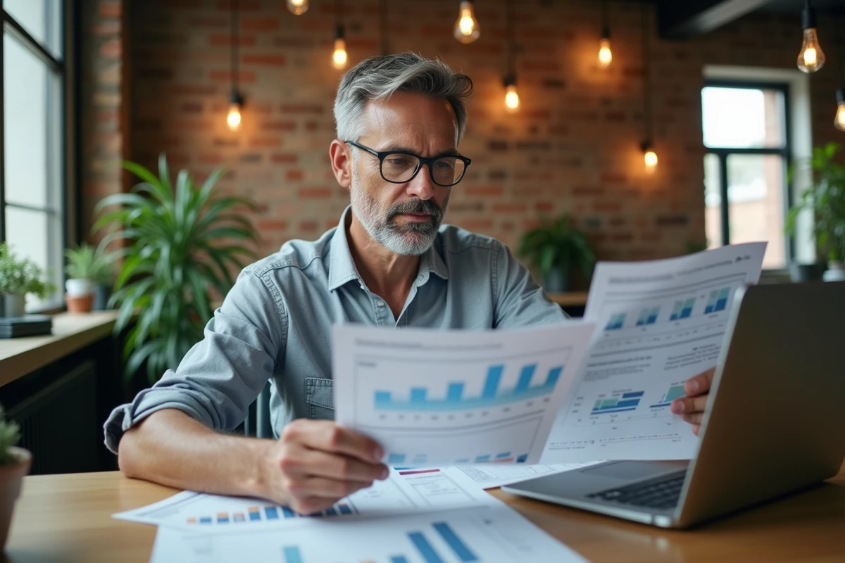 Homme consultant des rapports d'emploi local et des données économiques territoriales sur ordinateur portable dans un espace de co-working