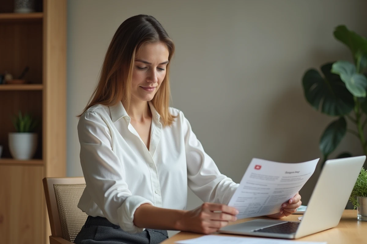 Femme consultant ses documents d'épargne salariale à domicile après un départ d'entreprise, illustrant la gestion du plan ESALIA lors d'une transition professionnelle