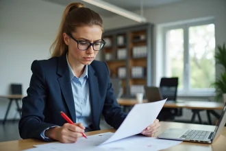Femme corrigeant une faute d'orthographe sur un document professionnel dans un bureau moderne