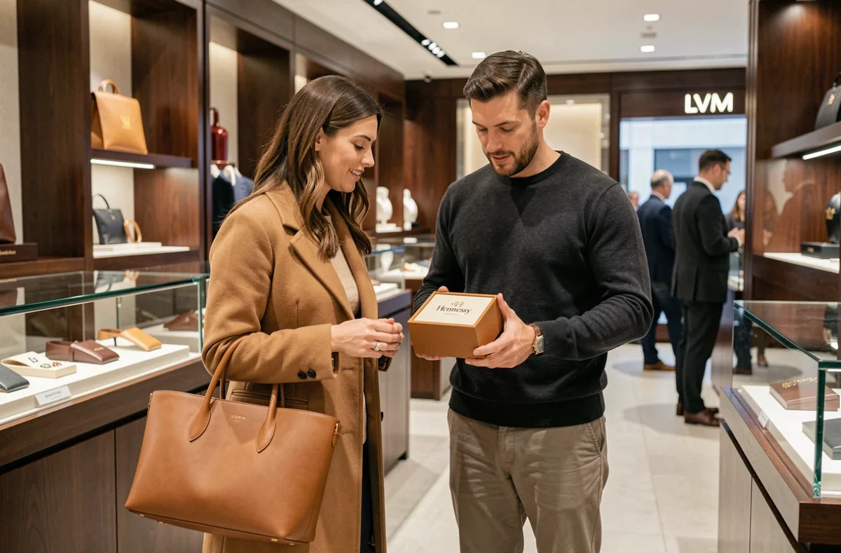 Couple élégant découvrant des produits LVMH dans un grand magasin de luxe, sac Loewe et coffret Hennessy, guide prestige et prix 2026