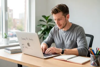 Créateur d'entreprise cherchant un nom devant son ordinateur