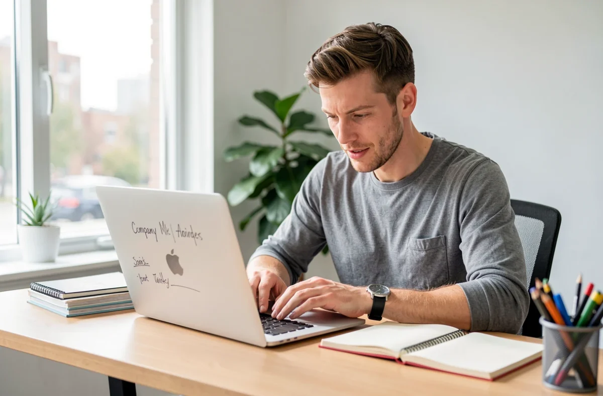 Créateur d'entreprise cherchant un nom devant son ordinateur