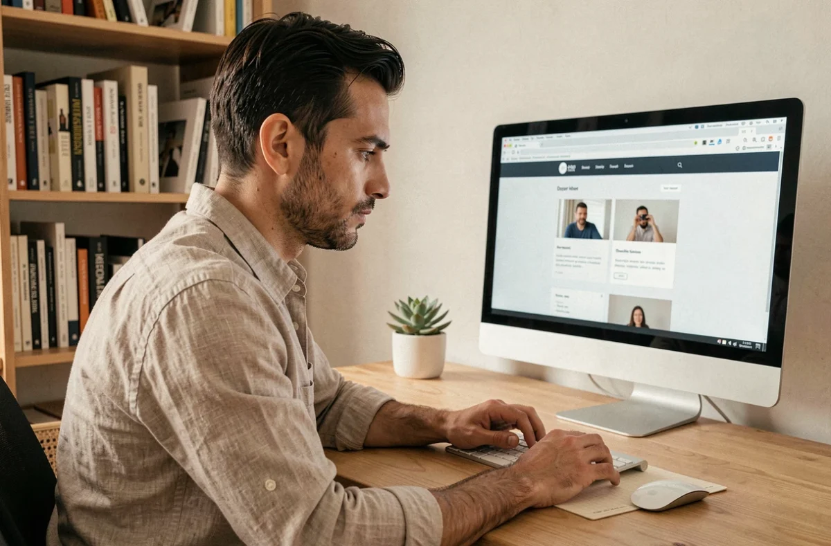 Cyril Jouault, créateur de sites internet indépendant, travaillant seul sur un projet web dans son studio personnel épuré