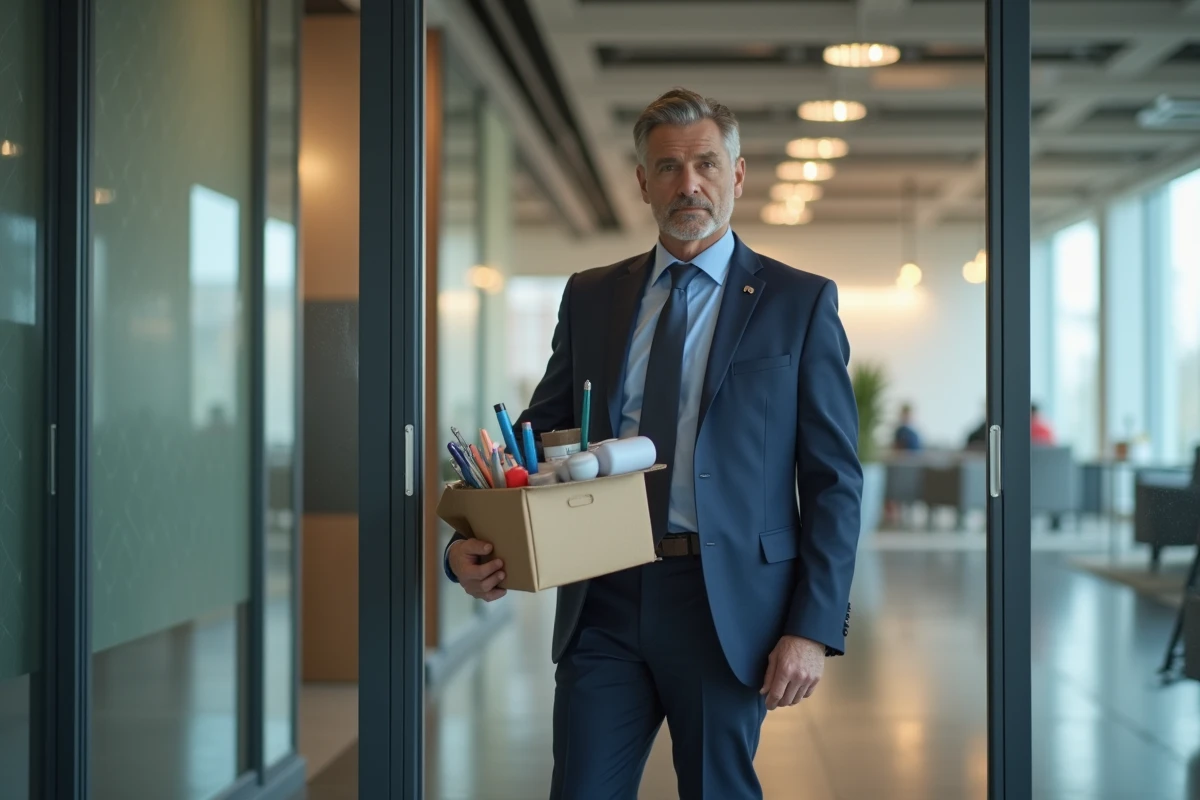 Cadre professionnel quittant son entreprise avec ses affaires personnelles dans un bureau moderne, symbolisant un départ et la gestion de l'épargne salariale ESALIA