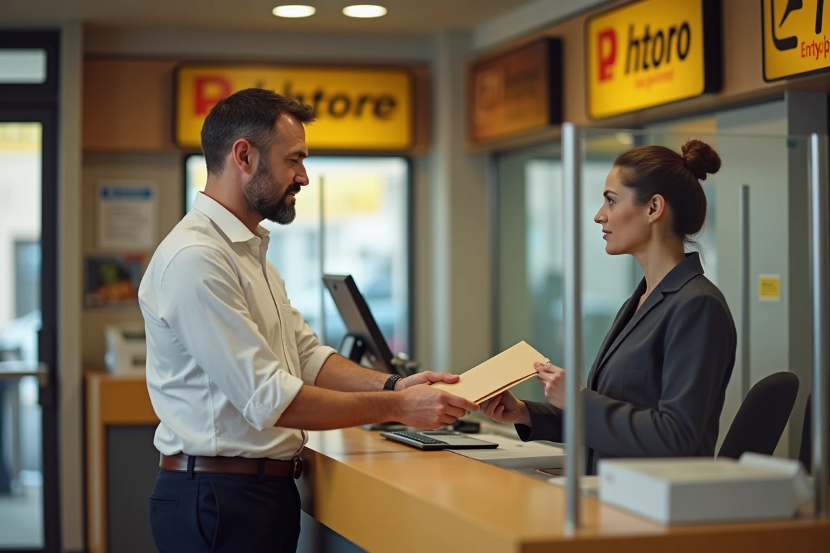 Homme déposant une lettre recommandée avec accusé de réception au guichet de la poste