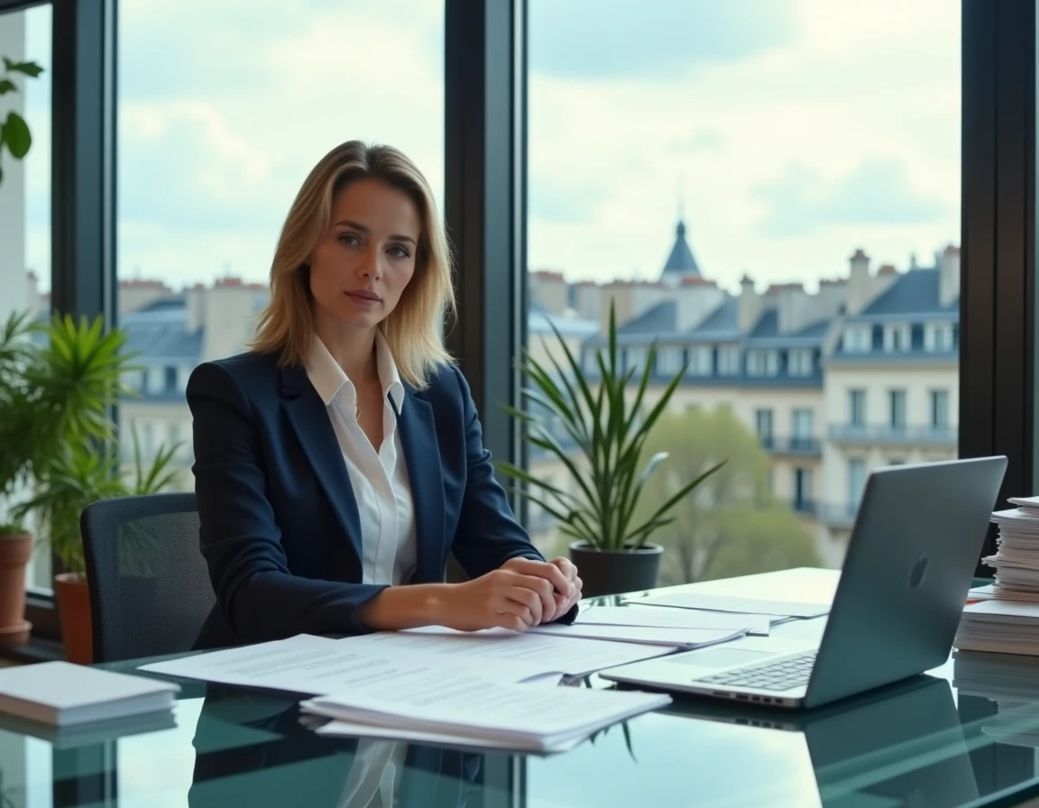 Directrice financière en costume bleu marine dans un bureau parisien en hauteur, illustration des métiers les mieux payés en France