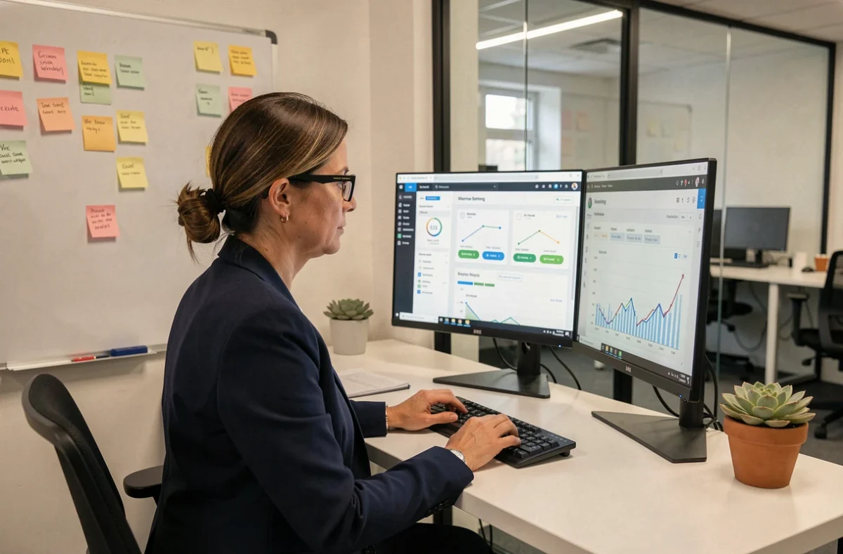 Dirigeante de PME française analysant un logiciel de gestion d'équipe sur double écran dans un bureau moderne