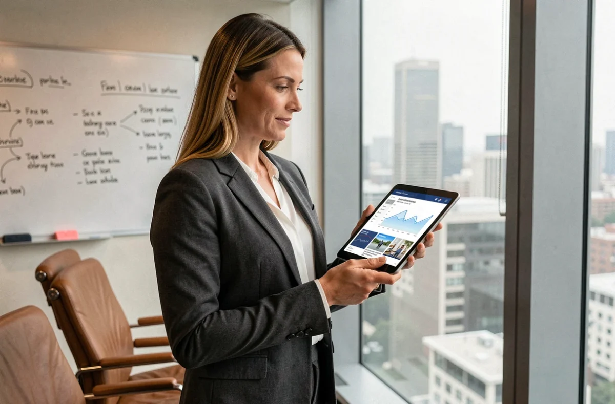 Dirigeante de PME consultant un tableau de bord d'actualités économiques sur tablette devant une fenêtre panoramique en salle de réunion