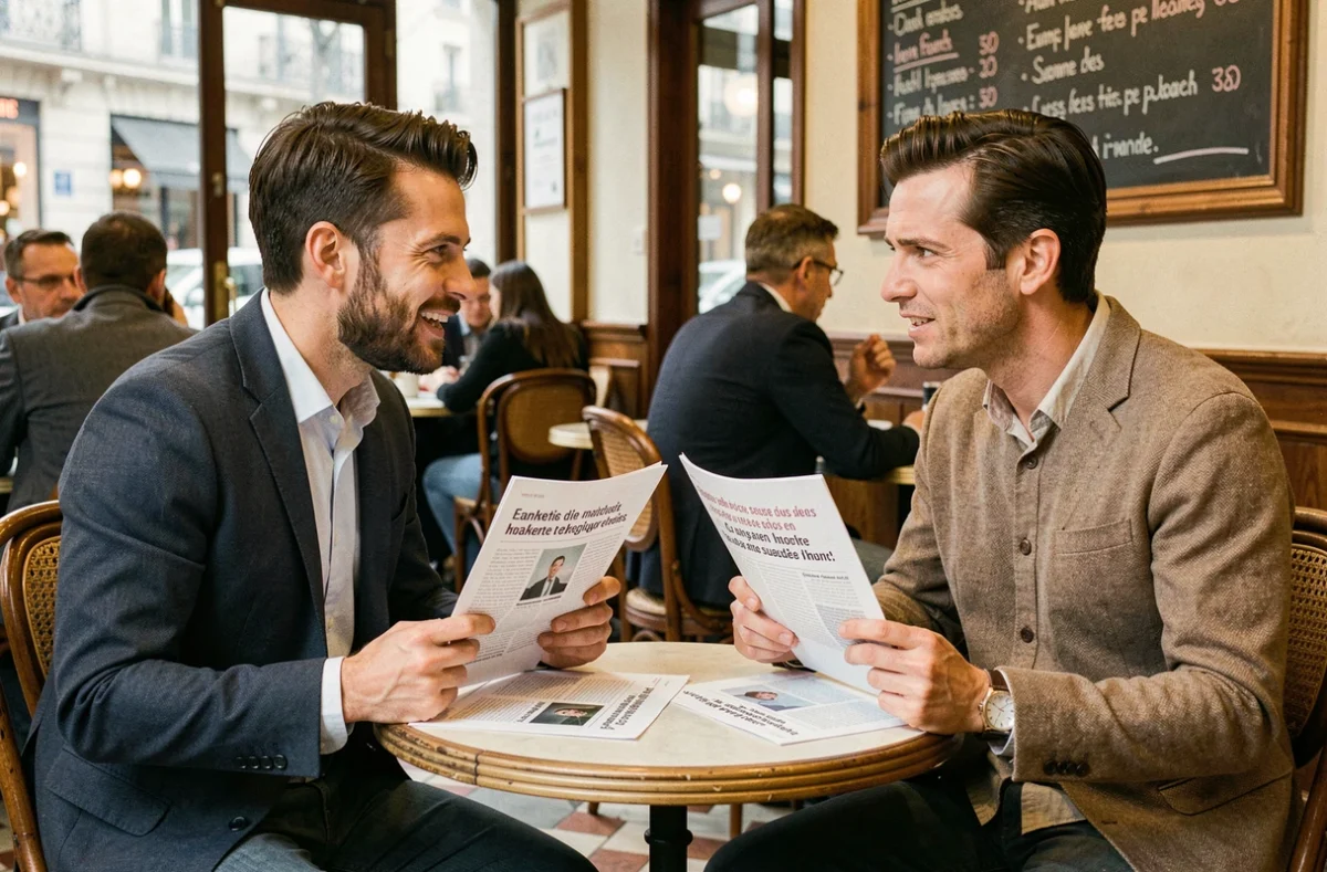 Deux professionnels du marketing discutant et comparant des articles de blogs marketing français dans un café parisien