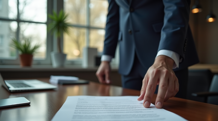 Personne remettant une lettre de démission sur un bureau calme