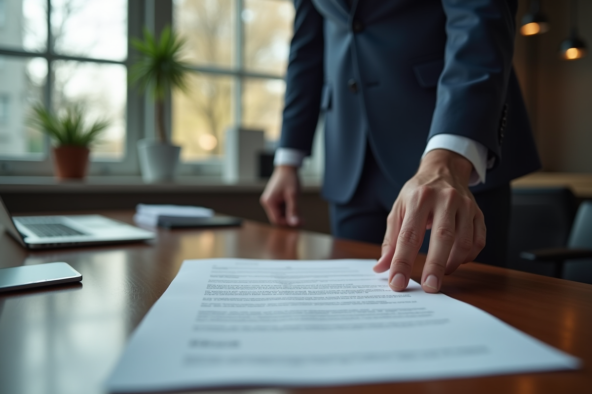 Personne remettant une lettre de démission sur un bureau calme