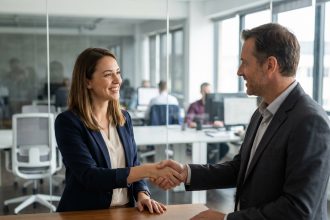 Femme confiante serrant la main d'un manager au bureau