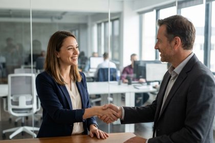 Femme confiante serrant la main d'un manager au bureau
