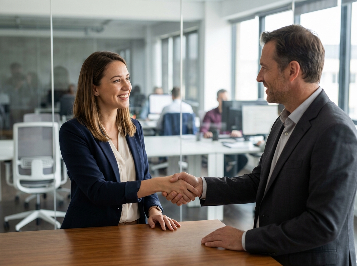 Femme confiante serrant la main d'un manager au bureau
