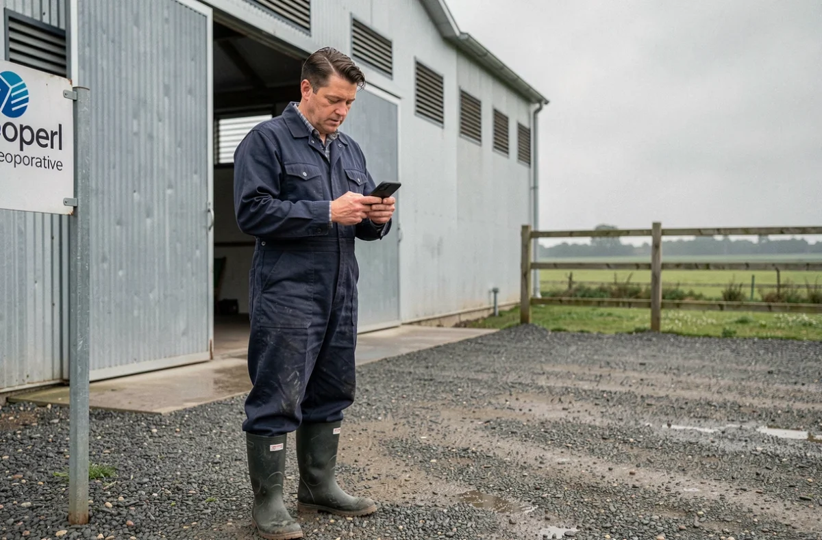 Éleveur porcin consultant ses données Cooperl sur smartphone devant un bâtiment d'élevage