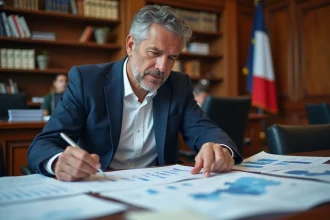 Élu local examinant des indicateurs économiques territoriaux sur des cartes et tableaux imprimés dans une salle de conseil municipal