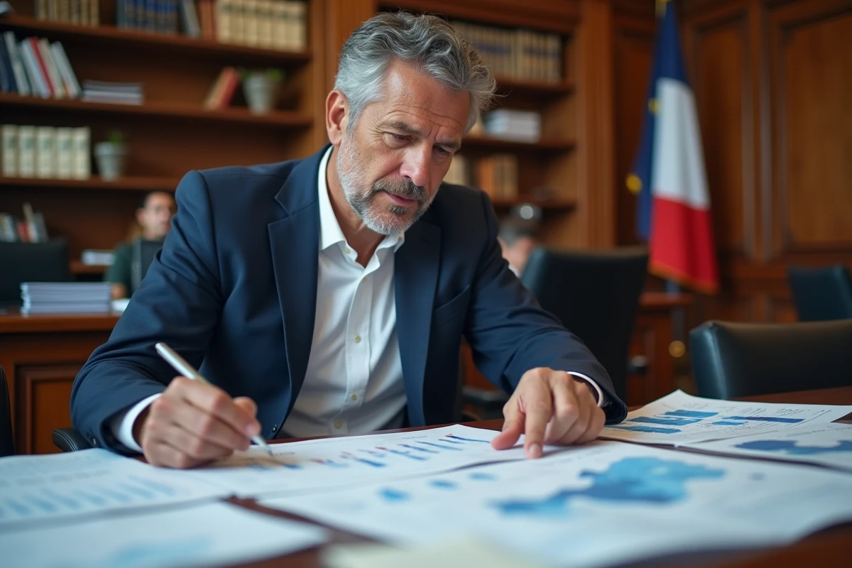 Élu local examinant des indicateurs économiques territoriaux sur des cartes et tableaux imprimés dans une salle de conseil municipal