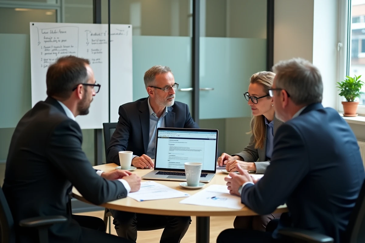 Groupe d'élus locaux consultant la plateforme d'indicateurs économiques territoriaux en réunion de travail dans une préfecture française