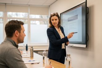 Formatrice utilisant un écran numérique interactif pour l'émargement tout en maintenant un contact visuel bienveillant avec un apprenant adulte en salle de formation