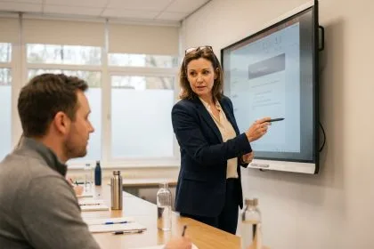 Formatrice utilisant un écran numérique interactif pour l'émargement tout en maintenant un contact visuel bienveillant avec un apprenant adulte en salle de formation