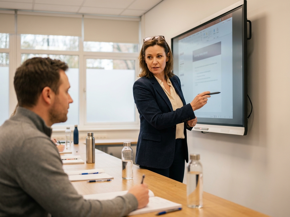 Formatrice utilisant un écran numérique interactif pour l'émargement tout en maintenant un contact visuel bienveillant avec un apprenant adulte en salle de formation
